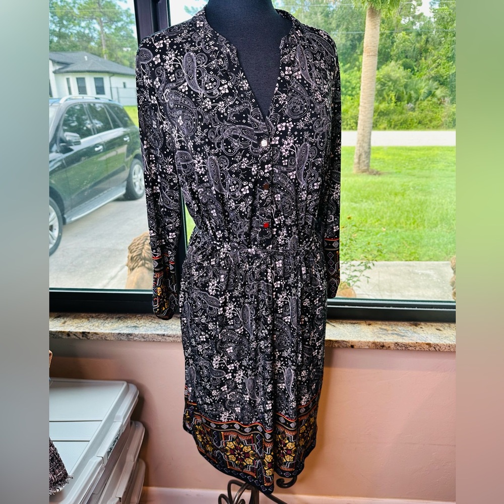 Mlle Gabrielle Black White Paisley Long Sleeve Belted Dress Colorful Hem Size XL